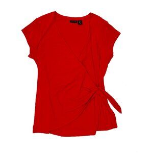 Tahari Wrap Top Knot Front Stretch V-Neck Blouse Shirt Womens XL X-Large Red